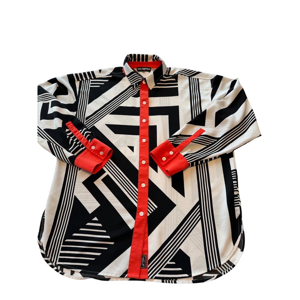 Karl Lagerfeld Paris Womens Geometric Abstract Print Button Down Shirt Red M